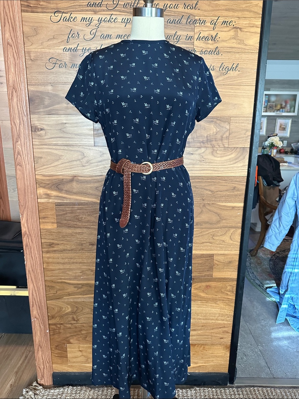Lauren Ralph Lauren Navy 100% Silk Maxi Dress with Small White Floral Motif